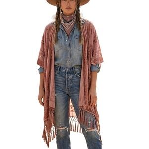 Wehello Velvet Burnout Kimono Boho Floral Tassel Fringe Rose Mauve One Size